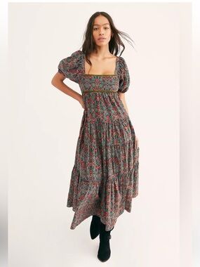 Free People Ashley Babydoll Tiered Maxi Dress Size Small Floral Velvet Ribbon